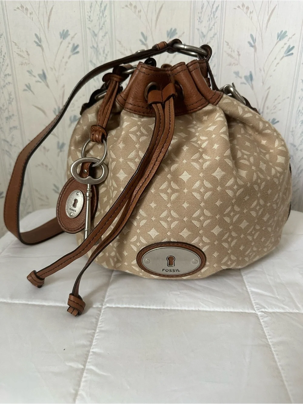 Fossil Beige Patterned Drawstring Bucket Bag with Brown Trim - Picture 2 of 16